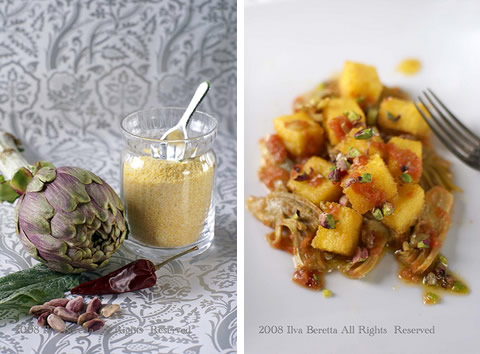 Cubi di polenta fritta con carciofi piccanti e pistacchi