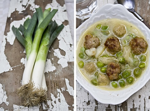 Brodo di piselli e porro con polpette di agnello e fagottini di grano saraceno