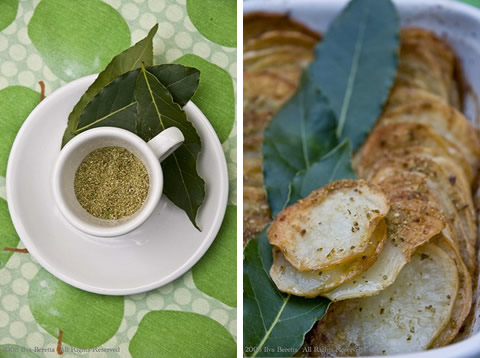 Tian di patate con semi di finocchio e foglie d’alloro