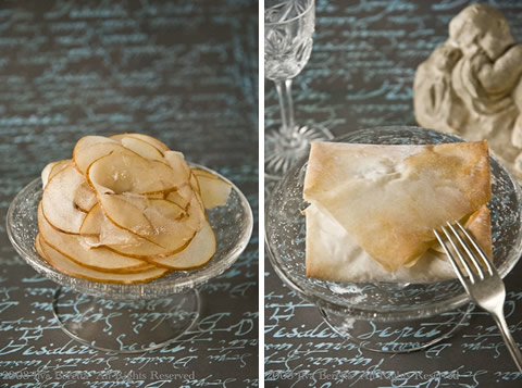 Fagottini di pasta fillo con pere, caprino e mandorle