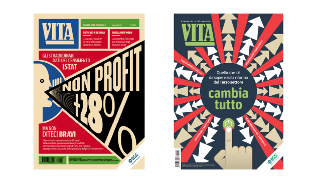 a sinistra la copertina di “Non Profit +28%” (agosto 2013); a destra quella di “Cambia tutto” (giugno 2014); entrambe illustrate da Francesco Poroli | courtesy Matteo Riva