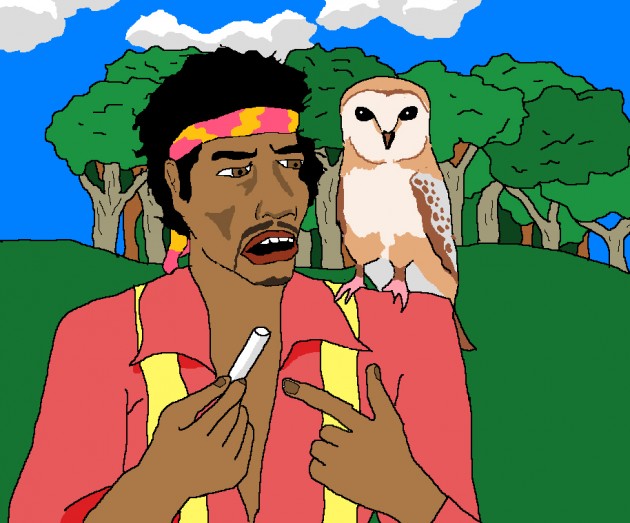 «Jimi Hendrix explaining to an owl on his shoulder what a stick of chalk is, near a forest»