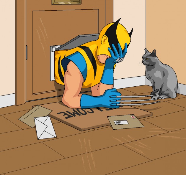 «Wolverine stuck in a cat-flap»