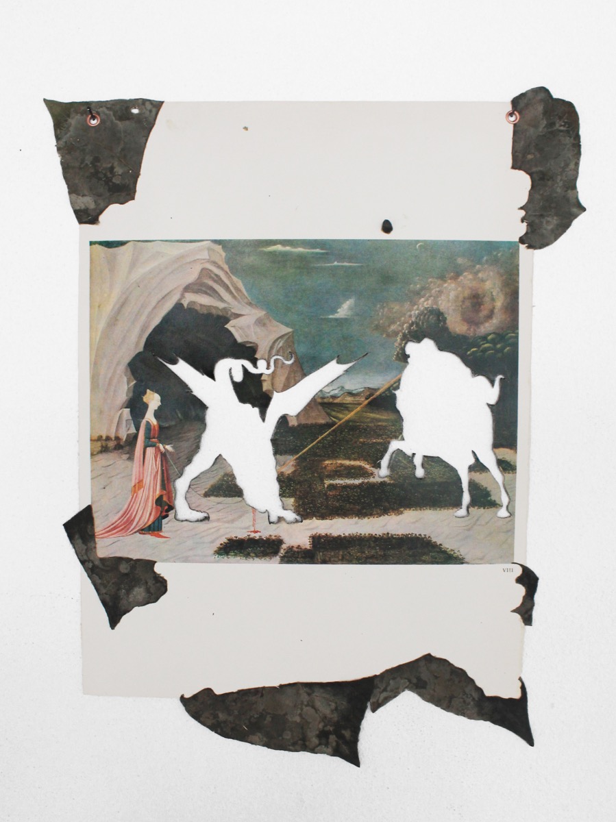 Mirko Canesi, Senza titolo (San Giorgio e il Drago), tecnica mista su pagina di catalogo, cm33x44, 2014