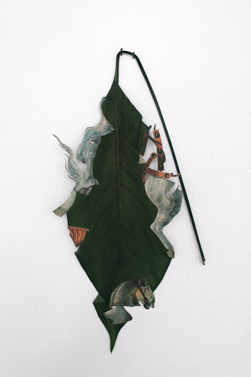 Mirko Canesi, Senza titolo / "Fall and Rising, Fall and Rising, Fall and Rising...", collage su foglia, cm27x32, 2014