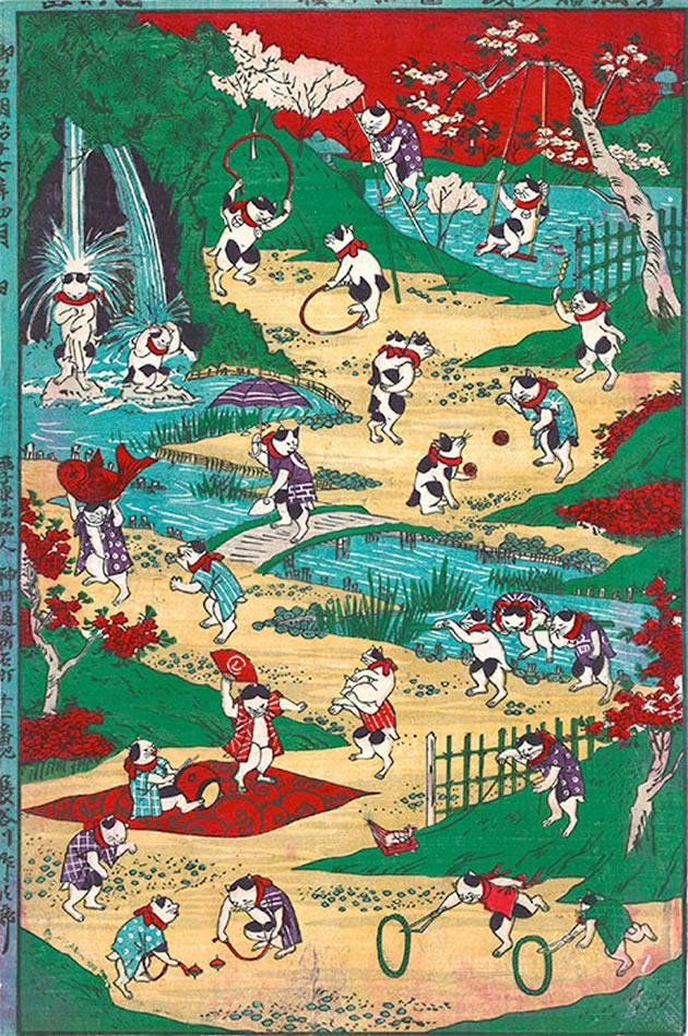 Utagawa Kunitoshi (1847-1899), “Newly published cat's games”, 1844, color woodblock print