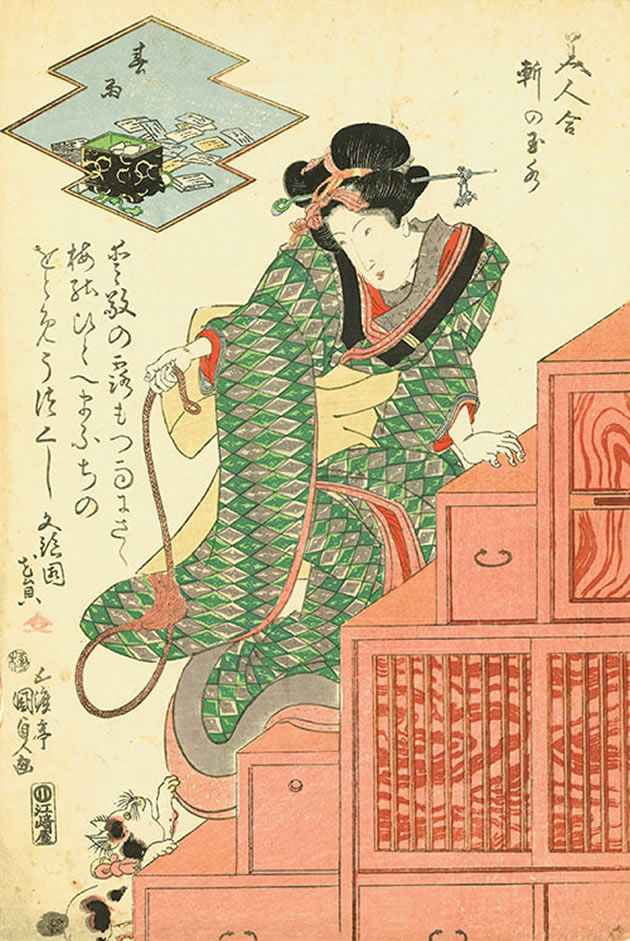 Utagawa Kunisada (1786-1864), “Under the eaves of Tamamizu: spring rain”, 1818-30, color woodblock print