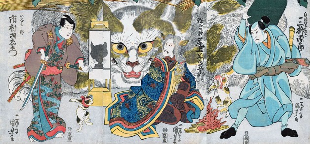 Utagawa Kuniyoshi (1797-1861), “From the fifty-three stations of the Tōkaidō Road: scene at Okazaki: Onoe Kikugorō III as the Neko-ishi no Kai, the spirit of the cat stone, Mimasu Gennosuke I as Shirasuga Jūemon, and Ichimura Uzaemon XII as Inabanosuke”, 1835, color woodblock print