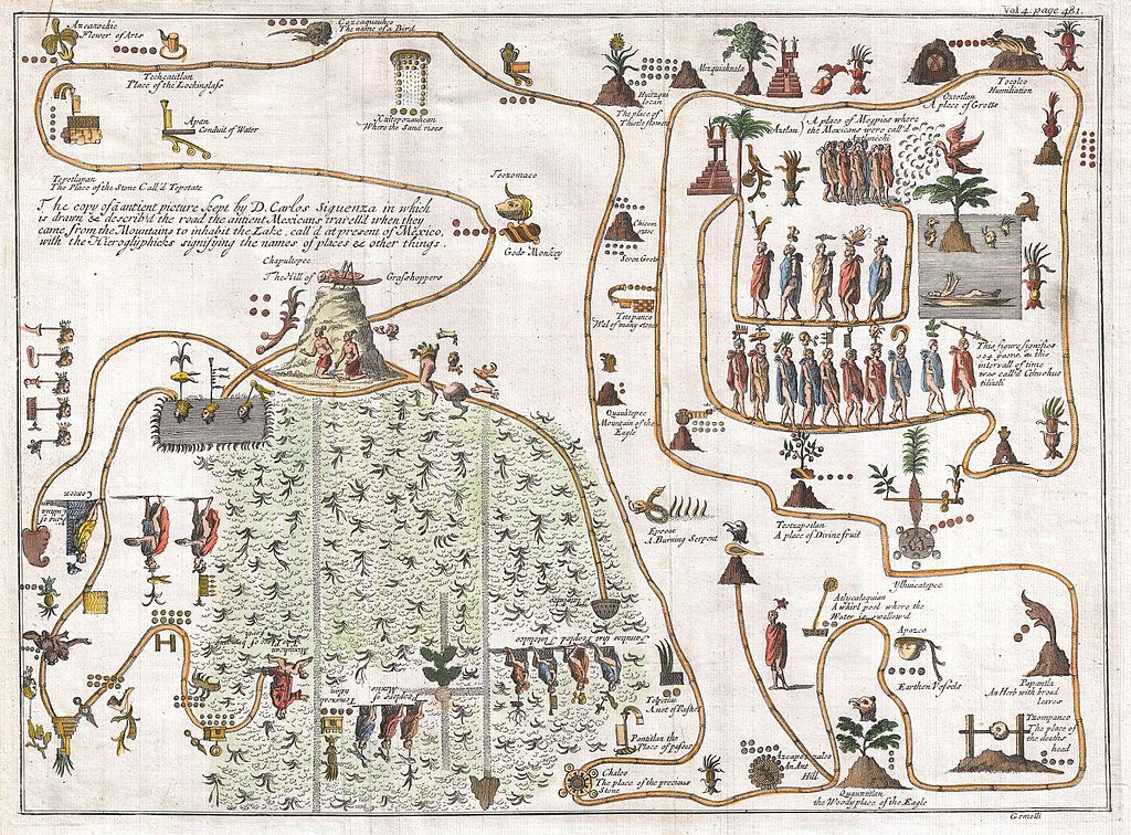 Giovanni Francesco Gemelli Careri, senza titolo, (1704, la leggendaria migrazione Azteca da Aztlan, una sorta di misterioso paradiso nel nord-ovest del Messico, fino  al monte Chapultepec, nell'attuale Città del Messico)
