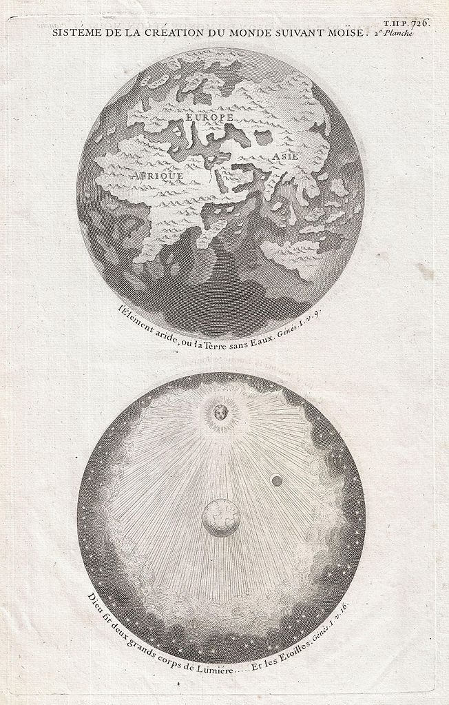 Antoine Augustin Calmet, “Sisteme de la Creation du Monde Suivant Moise”, (1728, mappa che rappresenta la visione e la creazione del mondo da una prospettiva arcaica visto che l'America era già stata scoperta da tempo e la teoria eliocentrica di Copernico era già stata accettata)