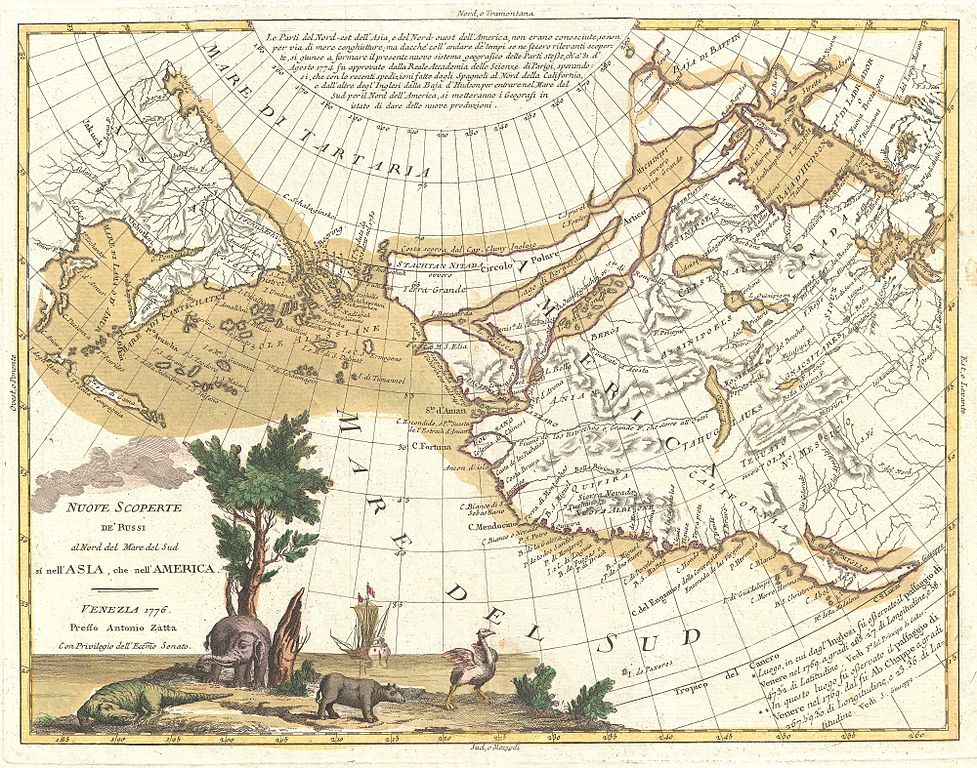 Antonio Zatta, “Nuove Scoperte De'Russi al Nord del Mare del Sud si nell'Asia, che nell'America”, (una mappa del 1776 del cartografo veneziano Zatta che illustra il cosiddetto passaggio a Nord-Ovest)