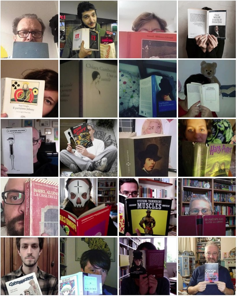 Una piccola parte dei testimonial della campagna “Bookface”, tra semplici e appasionati lettori, scrittori, fumettisti, illustratori...