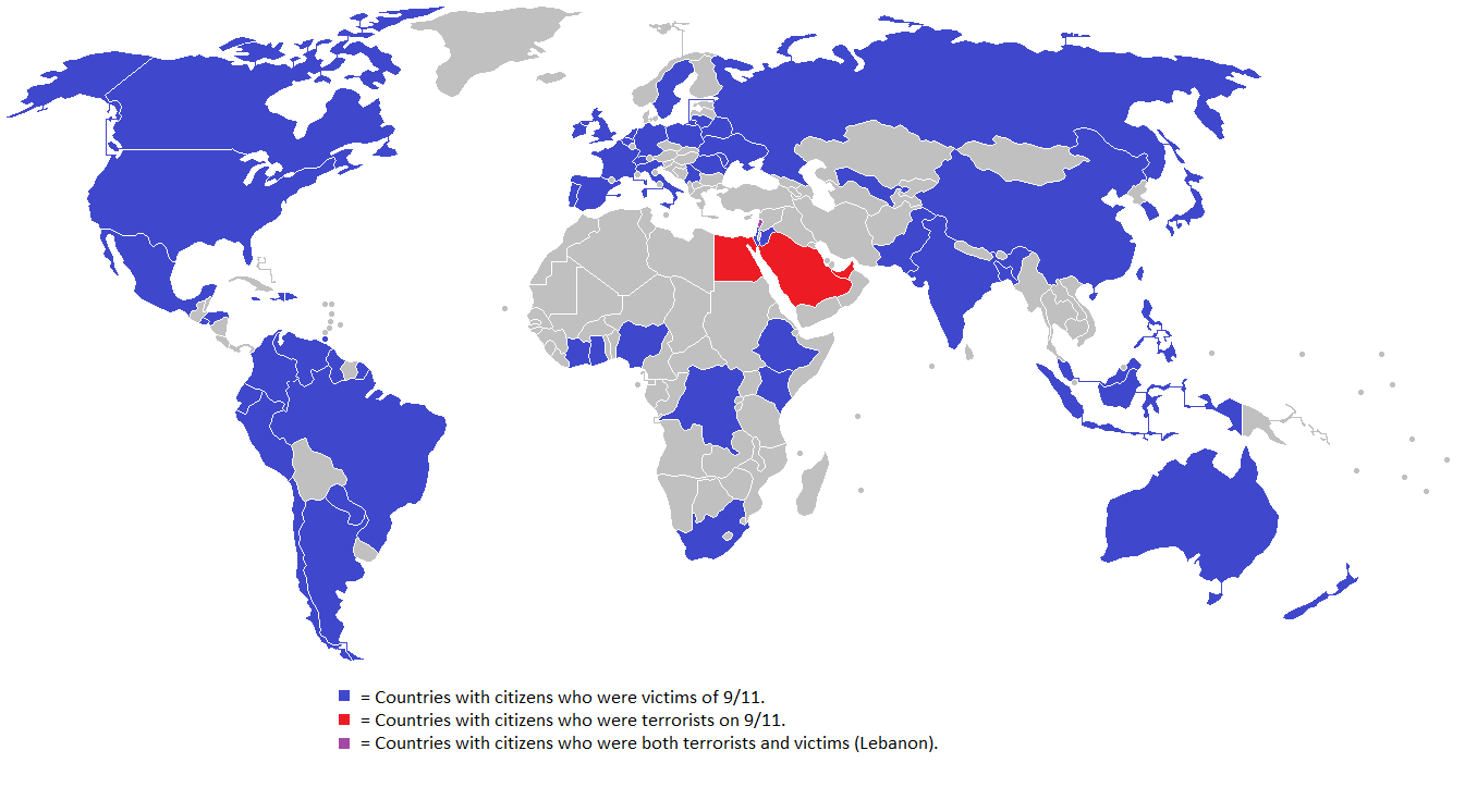 Le nazioni che hanno avuto vittime l'11 settembre del 2001, quelle che hanno avuto attentatori e l'unica (il Libano) da cui provenivano sia vittime che terroristi (via Brilliant Maps)