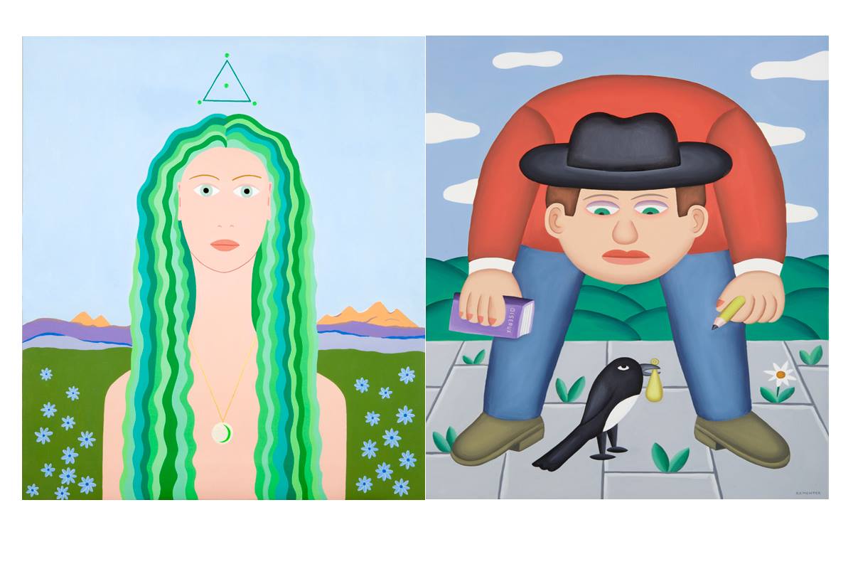 a sinistra: Fulvia Mendini, “Proserpina”, 2009, acrilico su tela; a destra: Andy Rementer, “La Gazza Ladra”, 2015, olio su tela