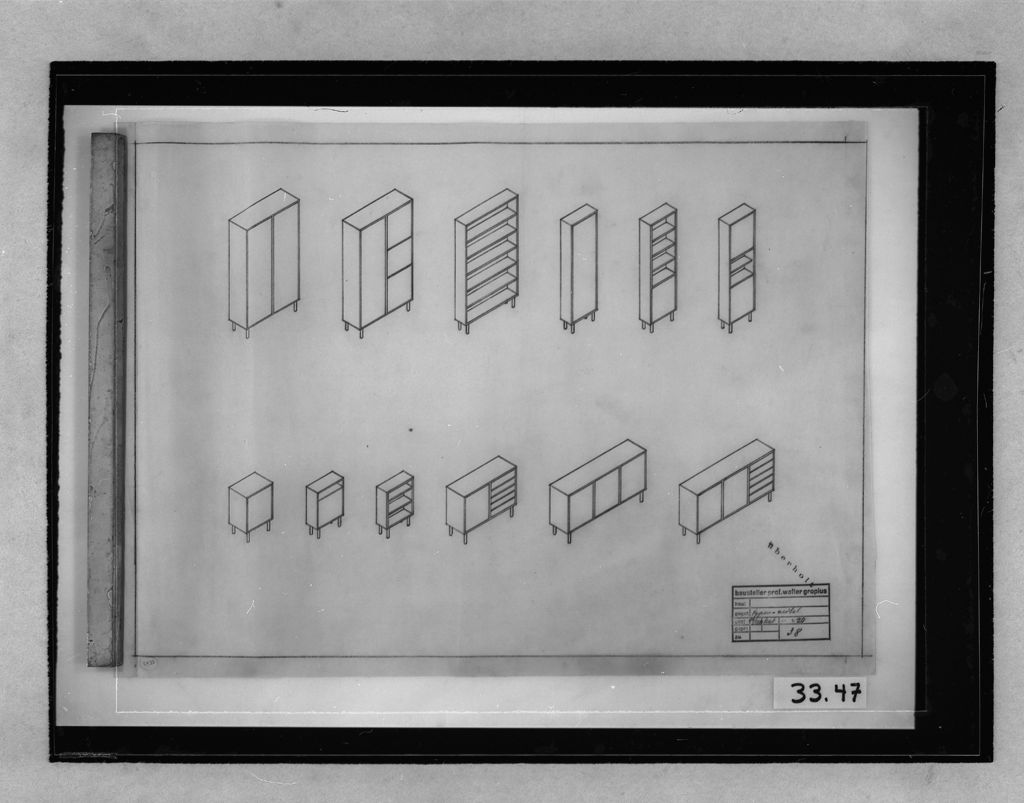 Walter Gropius, “Furniture Designs, 1929-1932: Various furniture types: isometrics (cancelled) 1:20”, 1929-1932 (Harvard Art Museums/Busch-Reisinger Museum, Gift of Walter Gropius)