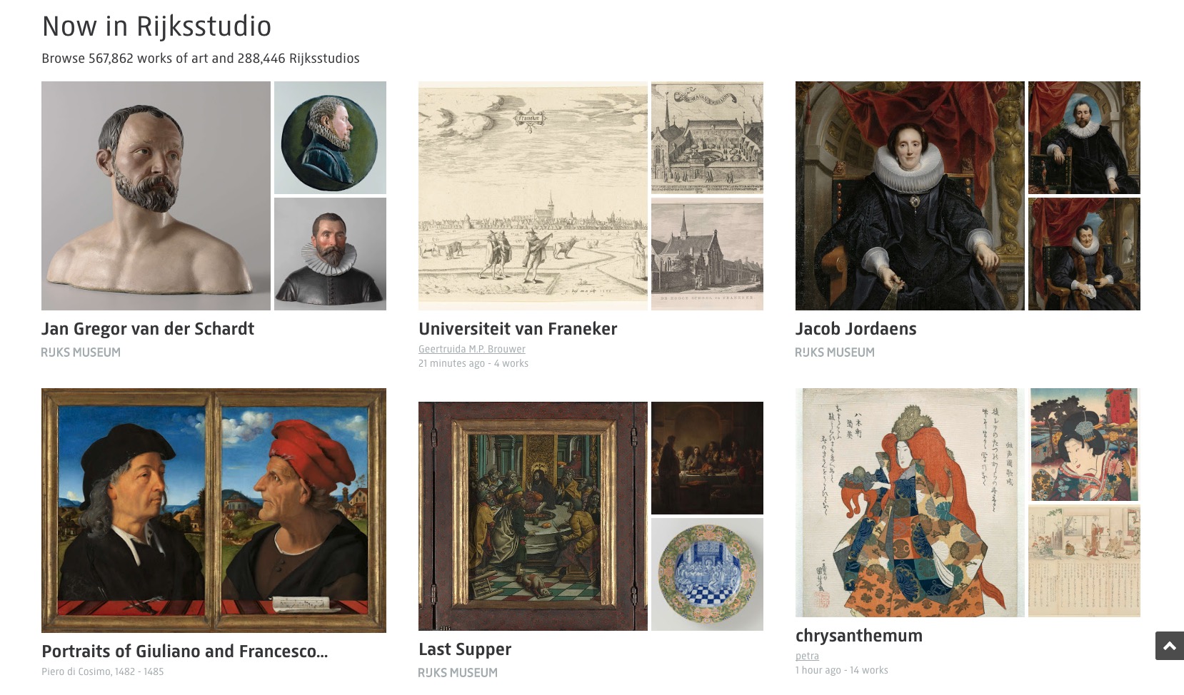 Sulla homepage di Rijksstudio le collezioni curate dal museo sono messe fianco a fianco con quelle curate dagli utenti